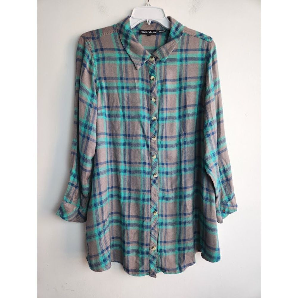 Tolani Collection Blue/Green/Grey Plaid & Floral Button Down Shirt size Large P